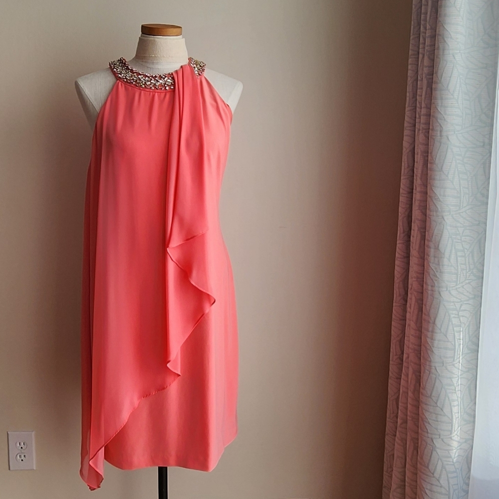 Vince Camuto Evening Dress, Jeweled Halter, Guava Pink, Size 12